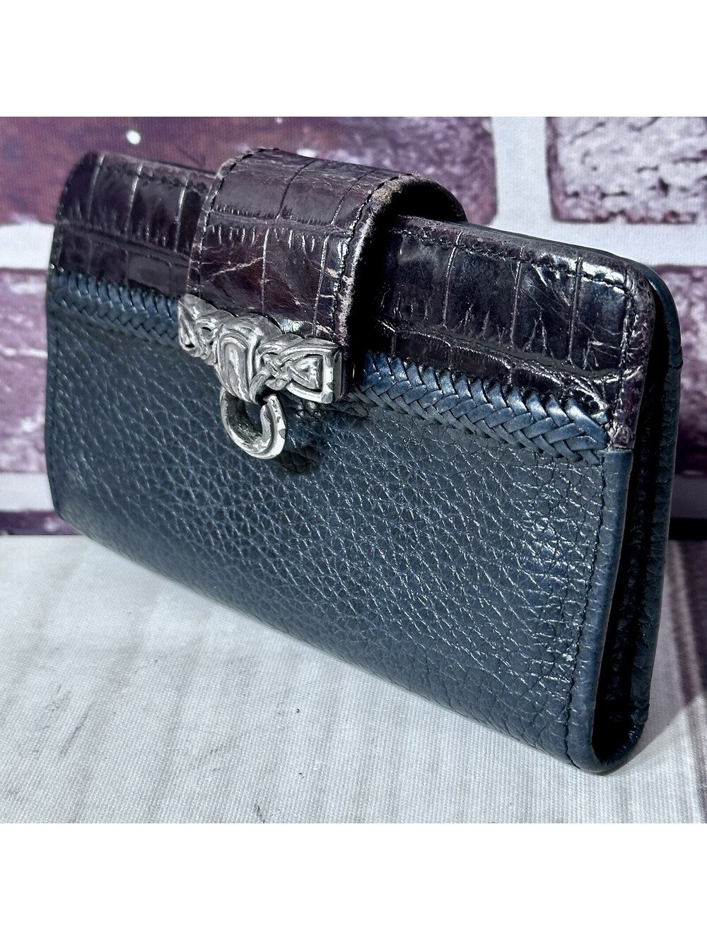 Vintage BRIGHTON Two Tone Black Brown Croc Multi Compartment Wallet Distressed